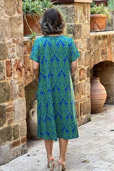 Nevin Kaya Moda Rochie din bumbac din bumbac pieptănat cu buzunar dublu cu model albastru verde
