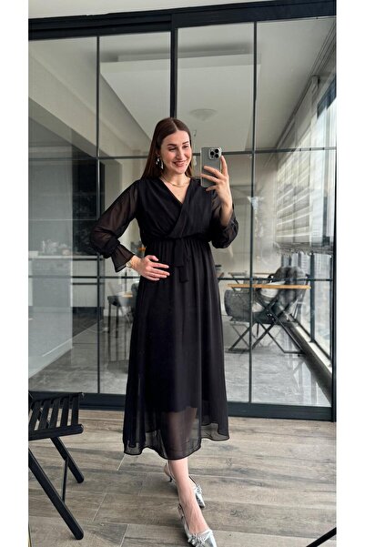 KASİDE Double Breasted Collar Belted Midi Length Chiffon Black Dress