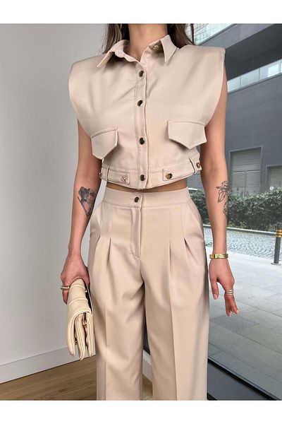 modaçelikler Sleeveless Crop Jacket Collar Detail High Waist Pants Leyn Stone Women's Set 25Y208