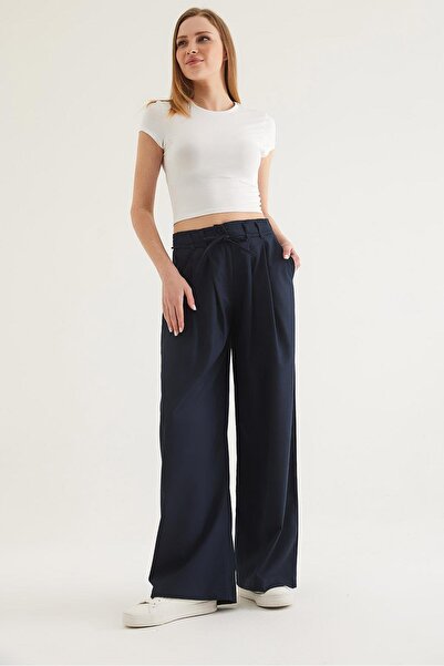 Raneel Kazançlı Alışveriş Self-Belted Pocketed Loose Trousers Navy Blue