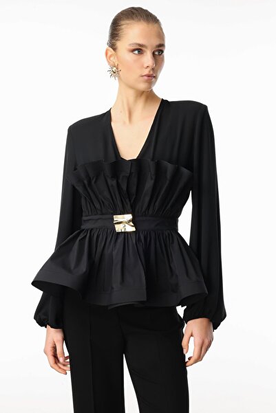 Moda İlgi Modailgi  Kemeri Metal Tokalı Koton Kumaş Garnili Büzgülü Volanlı B...