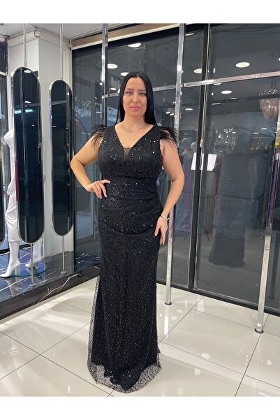 fevzuss فستان سهرة أسود مطرز مقاس كبير