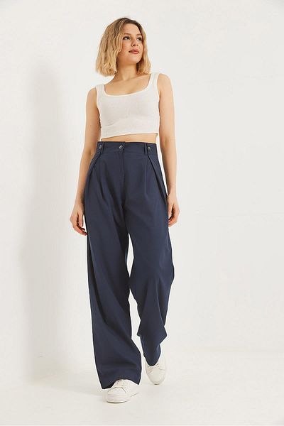 CALİENTE Loose Cut Draped Palazzo Trousers Navy Blue