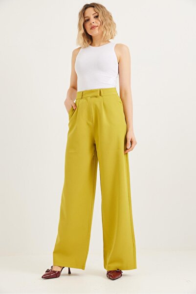 CALİENTE Kancalı Yüksek Bel Salaş Palazzo Pantolon Yağ Yeşili