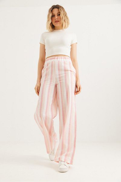 CALİENTE Comfortable Cut Linen Trousers with Elastic Waist Pink