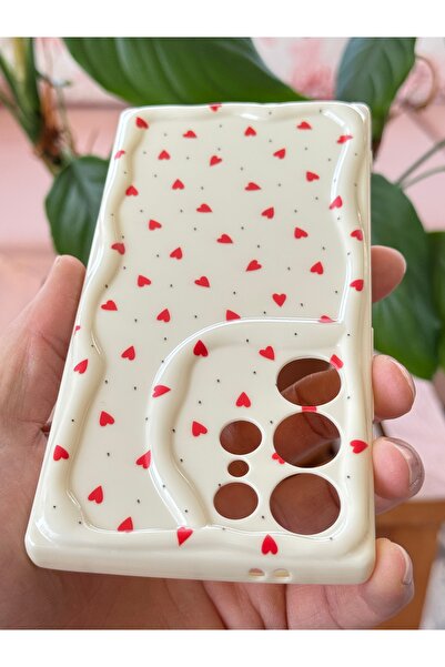 Fibaks Galaxy S23 Ultra Kılıf Kamera Korumalı Dalga Kenarlı Kırmızı Kalp Desenli Silikon Kapak