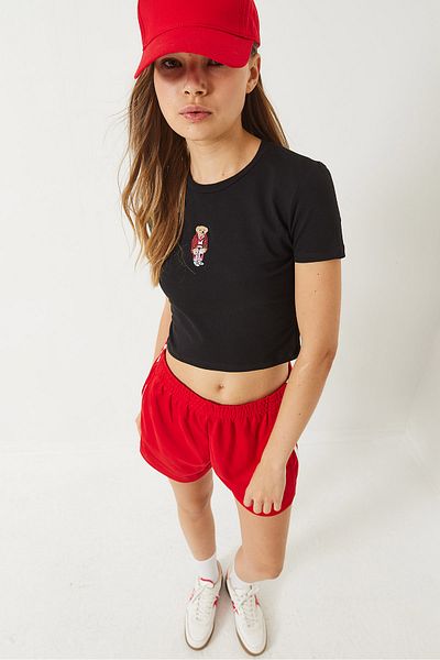 Bianco Lucci Women's Teddy Embroidered Short Sleeve Fit Crop T-Shirt 60284004