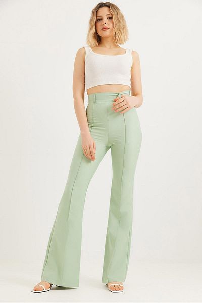 CALİENTE High Waist Checked Flared Trousers Water Green