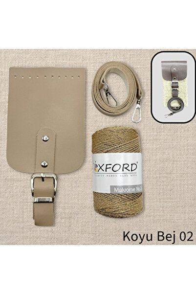 Oxford İplik Deri Telefon Çantası Seti + Oxford No:3 Lurex Simli Makrome İpi 02 - Koyu Bej