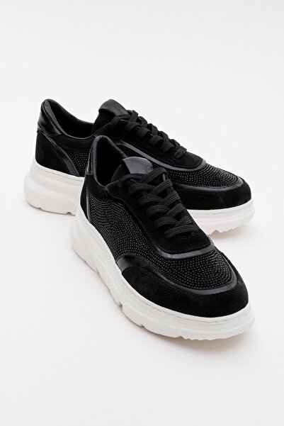 LuviShoes PABLO Siyah Süet Siyah Taşlı Hakiki Deri Kalın Tabanlı Kadın Spor A...