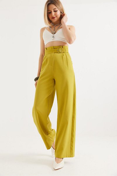 CALİENTE High Waist Belted Wide Leg Trousers Green
