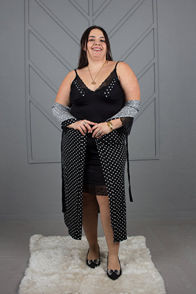 Truva XXL Polka Dot Black Nightgown with Dressing Gowns - Plus Size Women's Clothing