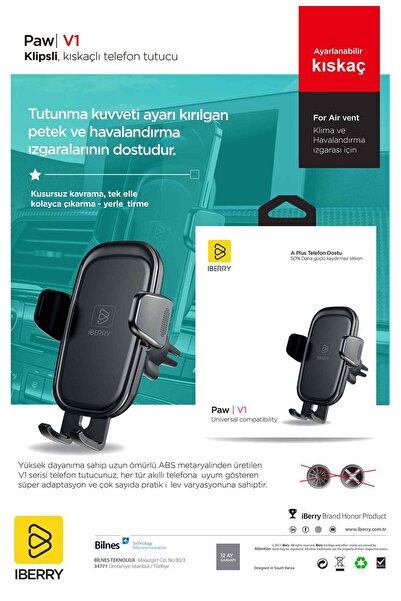 İBERRY IBERRY PAW V1 KLİPSLİ SÜPER ADAPTATİF ARAÇ İÇİ TELEFON TUTUCU