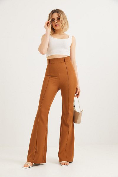 CALİENTE High Waist Checked Flared Trousers Brown