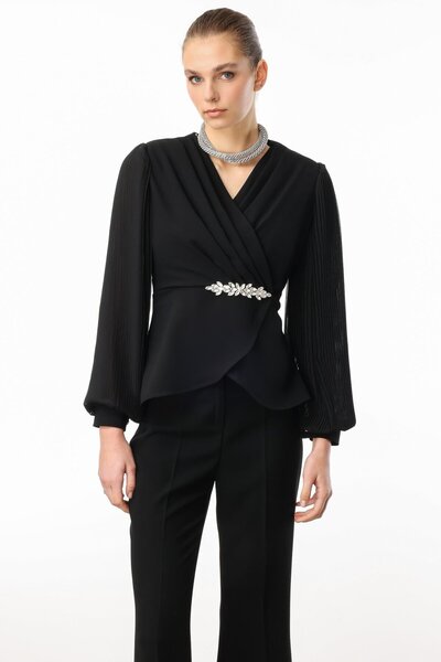 Moda İlgi Modailgi Kolları Pliseli Aksesuarlı Bluz - 40078 Siyah