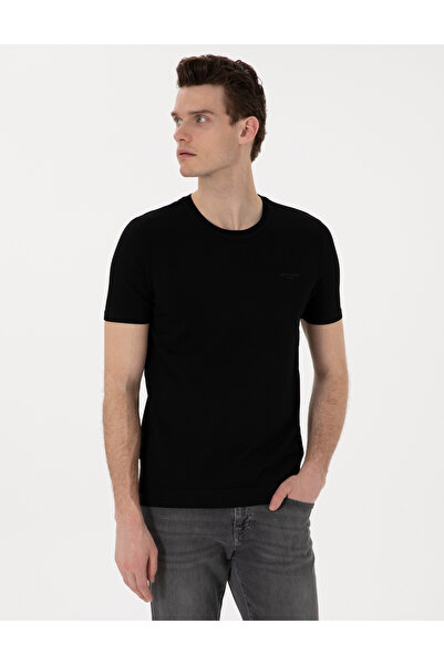 Pierre Cardin تي شيرت تريكو أسود بقصة ضيقة وياقة دائرية 50306131-VR046