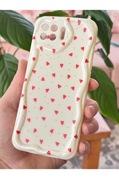 Fibaks Reno 4 Lite Case with Camera Protection Wave Edge Red Heart Pattern Silicone Cover