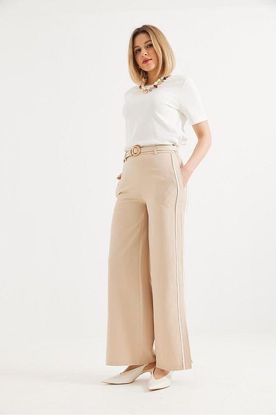 CALİENTE Stripe Trousers with Slit Detail Cream