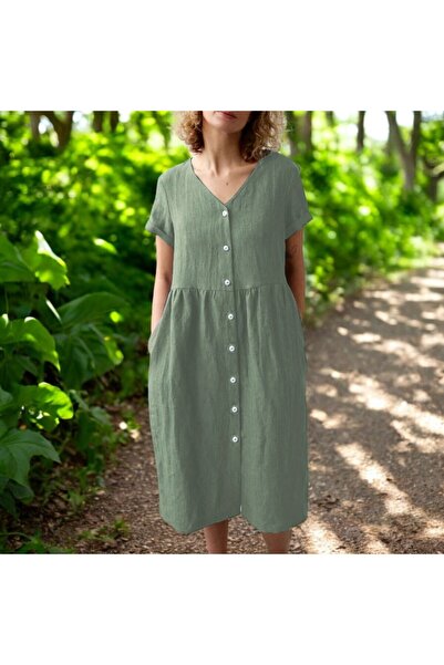 Barbora V Yaka Kısa Kol Keten Elbise