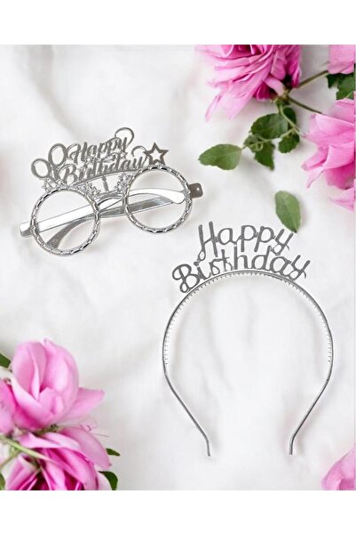 Parti Adresi Happy Birthday Taç Gözlük Set Doğum Günü Parti Aksesuarı Gümüş