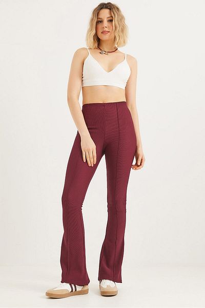 CALİENTE High Waist Checked Corduroy Trousers Claret Red