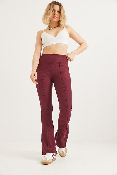 CALİENTE High Waist Checked Corduroy Trousers Claret Red