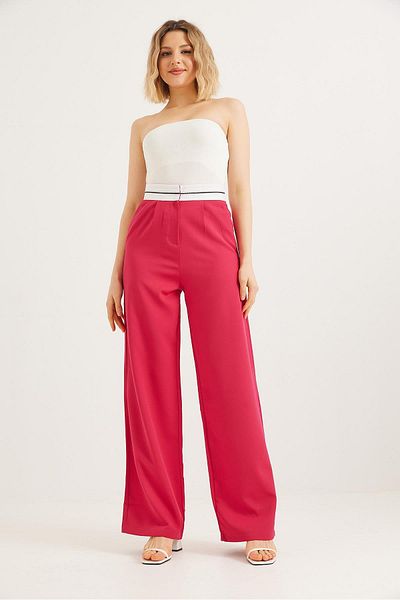 CALİENTE Wide Leg Trousers with Striped Waist Fuchsia