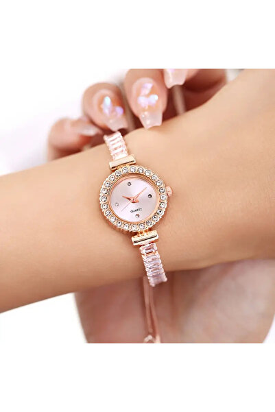 QUARTZ Lüks Kadın Kuvars Saat- Şık Gül Altın & Siyah Kristal Analog Kol Saati