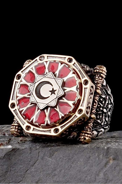 Diriliş Takı Kırmızı Mineli Kalkan Model Türk Bayrağı Gümüş Yüzük