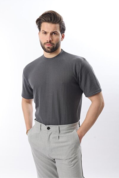 Madmext Smoked Textured Line Design Crew Neck Men's T-Shirt E7122