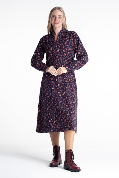 Eliş Şile Bezi Μακρυμάνικο Gülendam Flannel Midi πουκάμισο γιακάς με μοτίβο λουλουδιών Φθινοπωρινό και χειμερινό φόρεμα Navy Blue Lcvt
