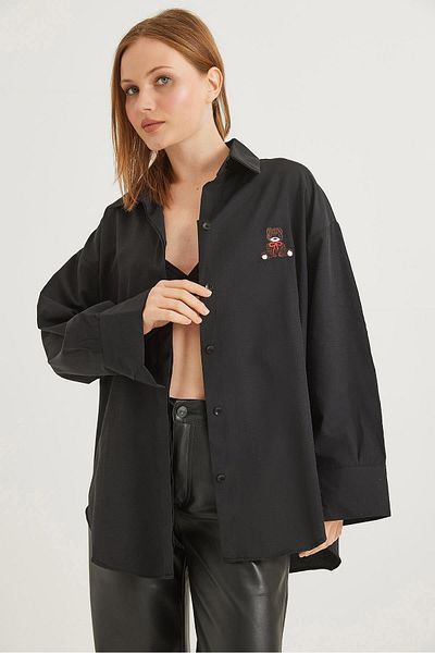 CALİENTE Teddy Bear Embroidered Oversize Basic Shirt Black