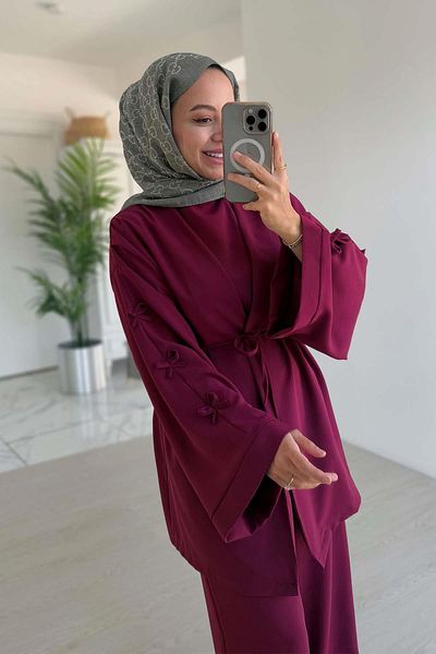 Ka Hijab Three-Piece Suit with Bow Detail on Sleeves - Plum