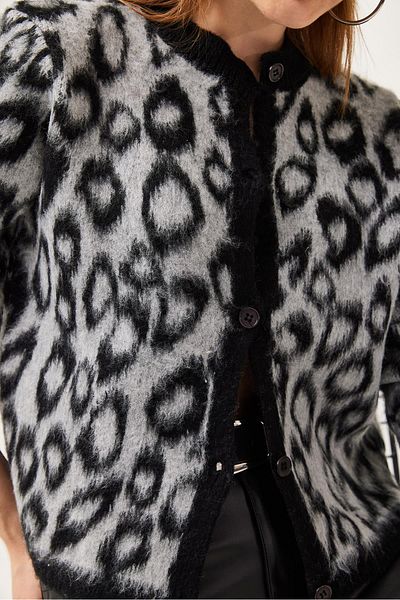 CALİENTE Leopard Pattern Bearded Knitwear Short Cardigan Black
