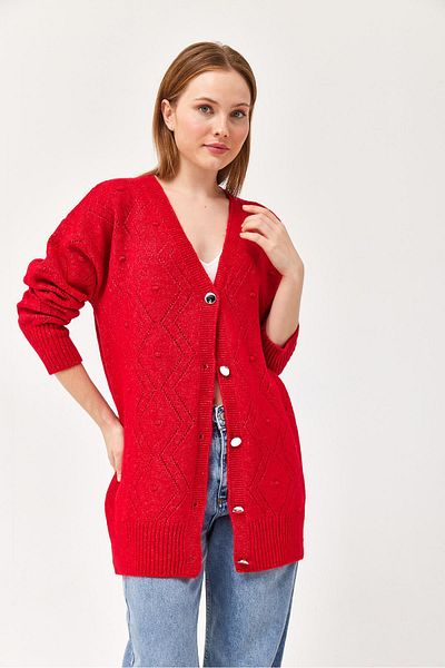 CALİENTE Openwork Metal Buttoned Knitwear Cardigan Red