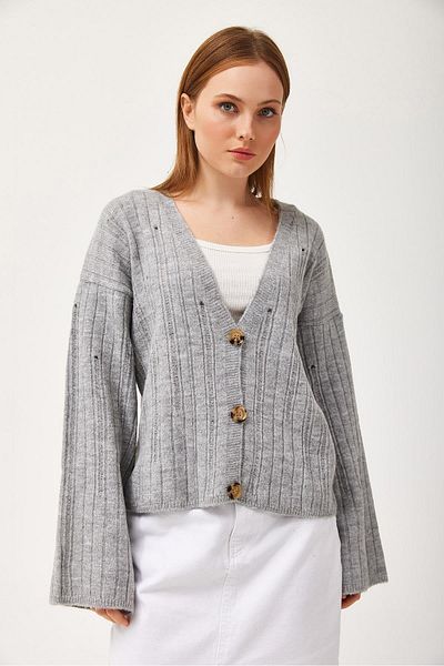 CALİENTE Double Breasted Collar Buttoned Knitwear Cardigan Gray