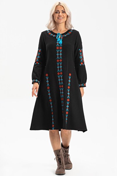 Eliş Şile Bezi Rochie lungă de toamnă și iarnă cu mâneci lungi din flanel negru Syh