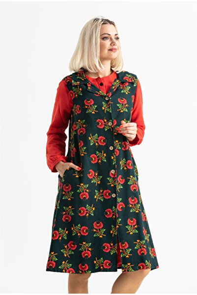 Eliş Şile Bezi Kolsuz Pazen Esra Midi Boy Sonbahar ve Kışlık Yelek/Elbise Yeşil Ysl