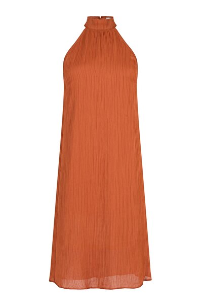 Eda Erdoğan Kendinden Pileli Midi Elbise (KİREMİT RENGİ)