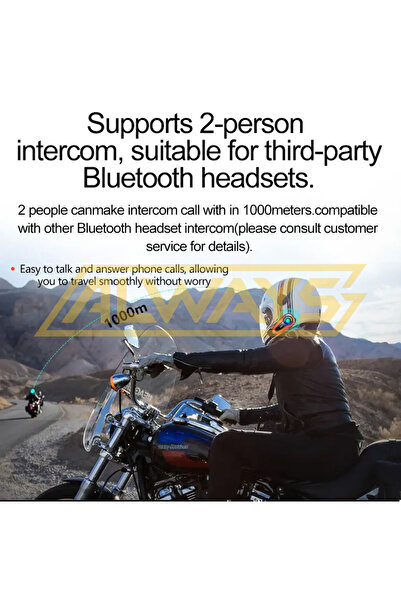 ALWAYS TEKNOLOJİ 2 ADET Q08 2X 1000m Telsiz Mesafeli Özellikli 2 Kişi Bağlantılı Bluetooth Kask Kulaklık Ekranlı Fene