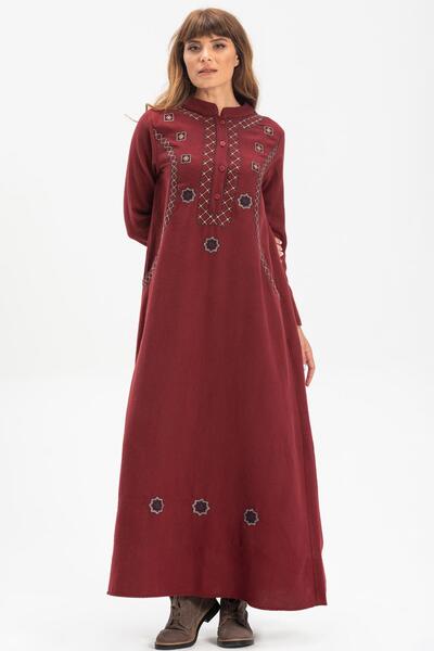 Eliş Şile Bezi Long Sleeve Sude Embroidered Flannel Long Autumn and Winter Dress Burgundy Brd