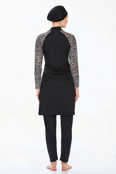 Elit Rozmay Black Line Pattern Lycra Full Covered Hijab Swimsuit 9229