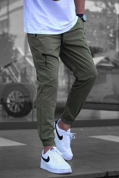 Madmext Khaki Zipper Detailed Parachute Jogger Pants