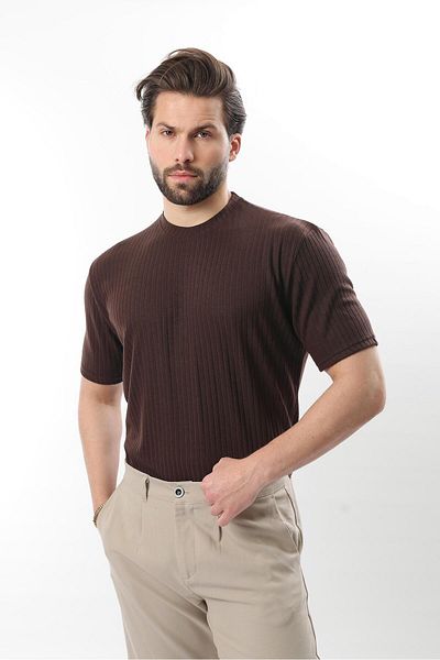 Madmext Brown Textured Line Design Crew Neck Men's T-Shirt E7122