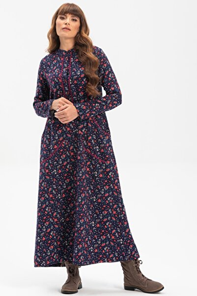 Eliş Şile Bezi Uzun Kol Sudenaz Pazen Uzun Sonbahar ve Kışlık Elbise Çiçek De...