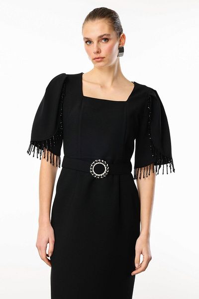 Moda İlgi Black Modailgi - Sleeves Stripe Bead Accessory Dress