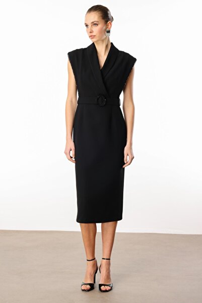 Moda İlgi Modailgi Kol Ağzı Boncuk Aksesuar Detaylı Elbise Siyah