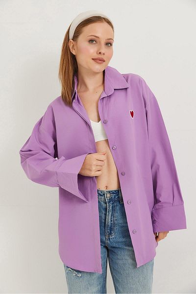 CALİENTE Heart Embroidered Oversize Basic Shirt Lilac