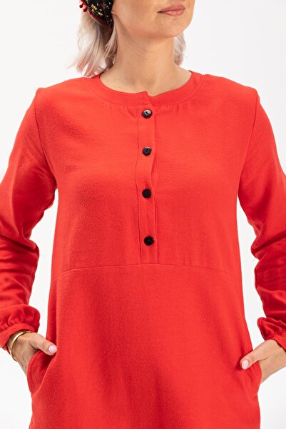 Eliş Şile Bezi Long Sleeve Magnolia Flannel Short Autumn and Winter Dress Red Krmz