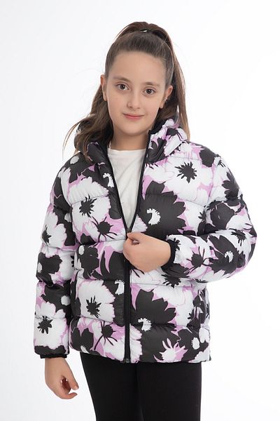 freemen Sport Girl Sportswear Children White Purple Flower Pattern Fleece Water and Wind Proof Hoodie Coat with Pockets